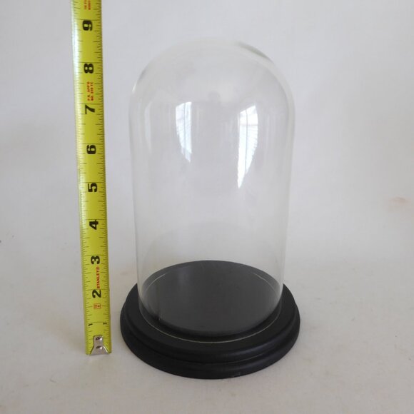 NEW 9” DECORATIVE GLASS CLOCHE DISPLAY DOME COVER BLACK WOOD BASE - Picture 2 of 5
